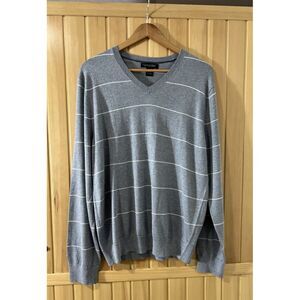 Banana Republic Gray & White‎ Striped Silk Cotton Cashmere V Neck Mens Sweater L